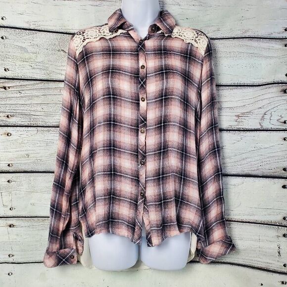 Jolt Women's XL Pink Plaid Button Down Shirt Lace Back Sheer Contrast Long Sleev - Picture 1 of 8